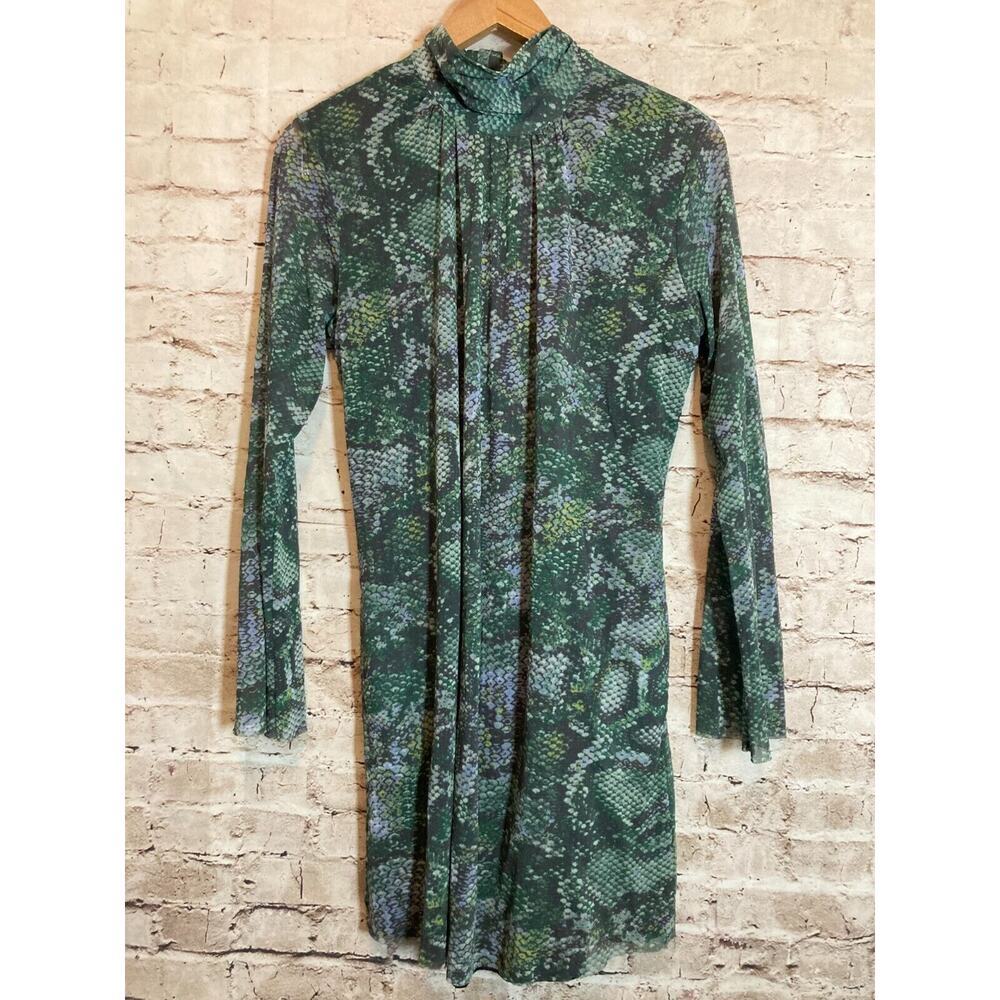 Sweet Pea Dress Womens Large Green Mesh Snakeskin Print Tie Neck Boho Stretch